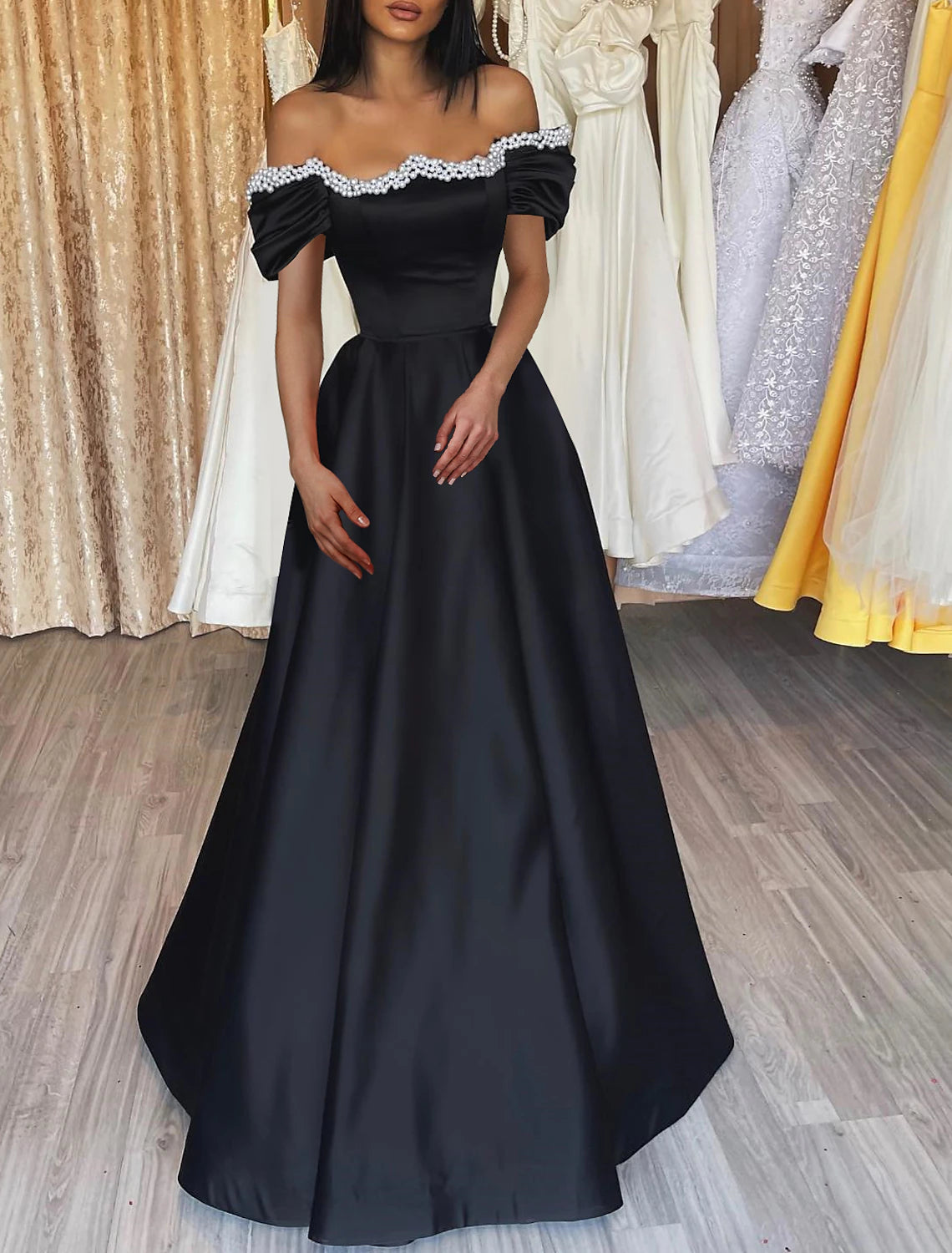 A-Line Evening Gown Gothic Dress Formal Wedding Party Floor Length Long Sleeve Off Shoulder Satin with Pearls 2025